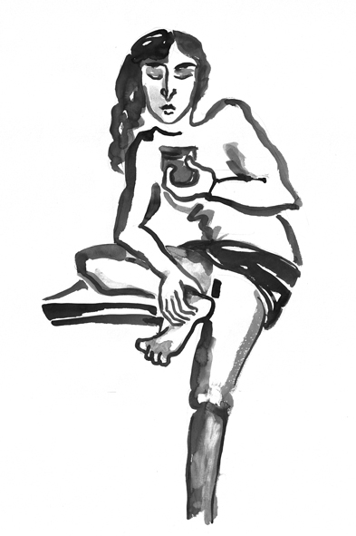 Grafik, die Pinselzeichnung einer Frau, welche auf der Tischkante sitzend ein Getränk in der Hand hält