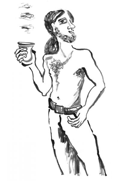 Titelgrafik von GuaKao - dem Koffein Kakao mit Guarana. Die Pinselzeichnung eines wilden Mannes, mit freiem Oberkörper und einem Pot Koffein Kakao in der Hand.