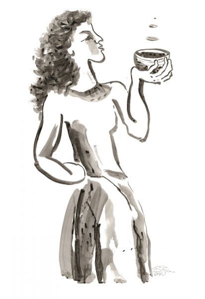 Titelgrafik von KolaKao klassisch-würzig. Die Pinselzeichnung einer Frau, die vom Duft der mit Koffein-Kakao gefüllten Schale hingerissen ist.